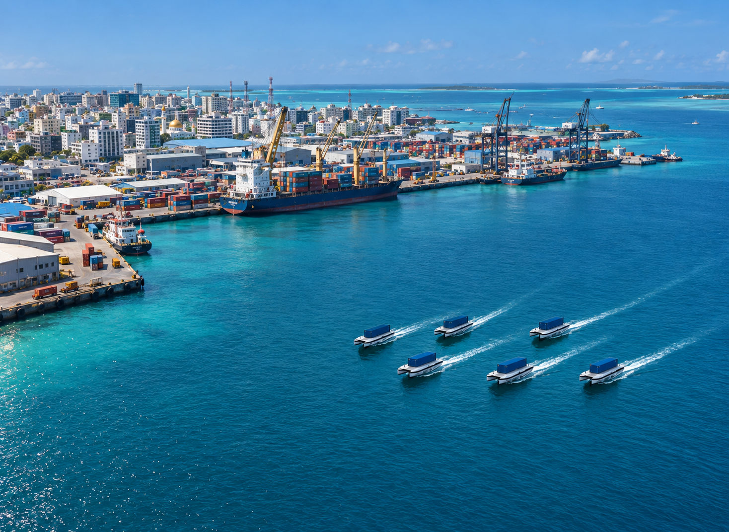 Fleet of Fly-Box autonomous cargo vessels navigating near an island port