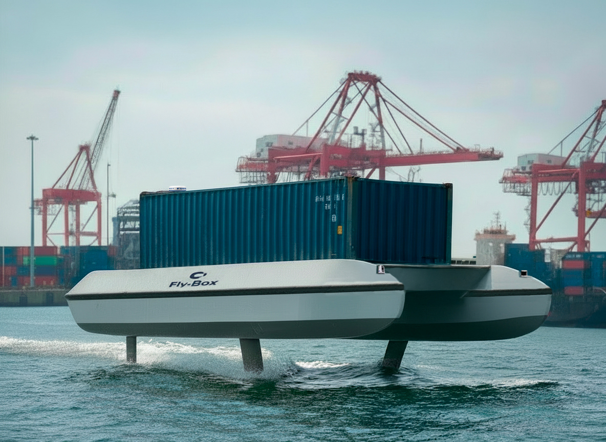 Fly-Box autonomous hydrofoil cargo vessel in a commercial port