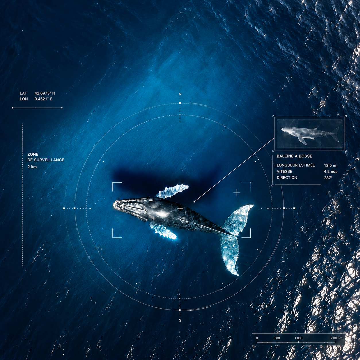 Illustration of AI-assisted whale detection and marine life monitoring
